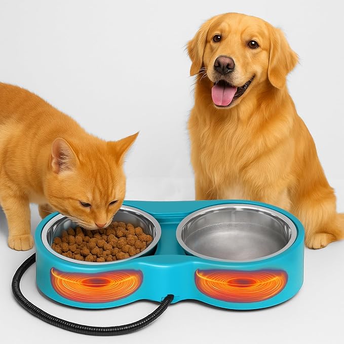 Pet Heated Bowl for Cat Dog, Freeze-Proof Warming Animal Food Feeder with Anti-Chew Cord,Waterproof & Thermostat Heating Bowls Removeable, (2 x 23 fl oz, Blue)