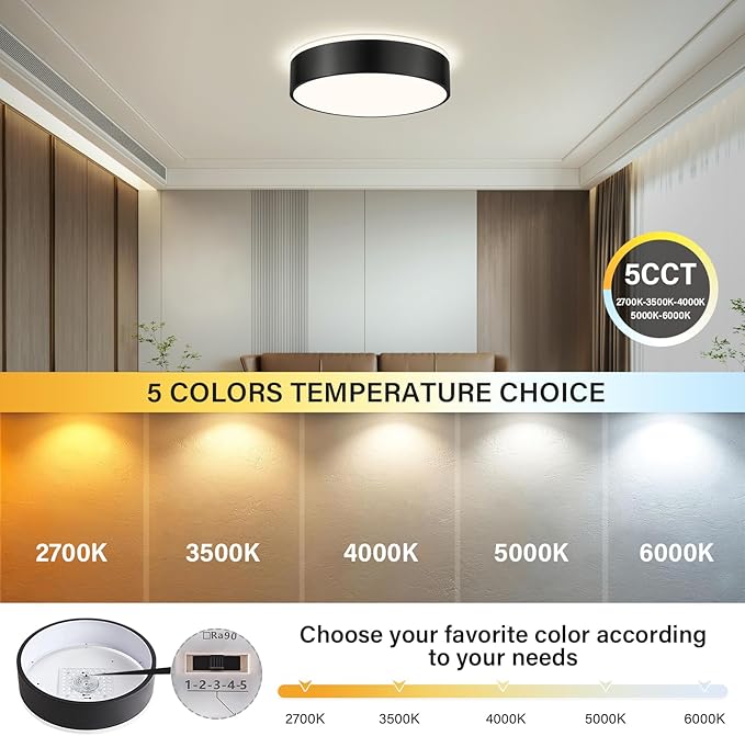 Dimmable Black LED Large Flush Mount Ceiling Light, 5CCT 2700K-6000K Ceiling