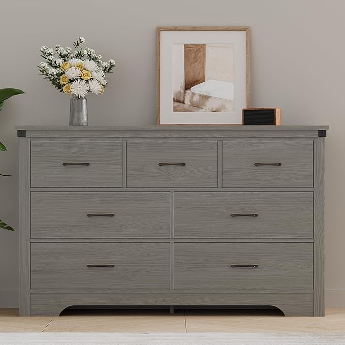 Farmhouse 7 Drawer Dresser for Bedroom, 51" Wide Chest of Drawers, Wooden Dresser TV Stand, Storage Dressers Organizer for Bedroom, Living Room, Hallway, Grey