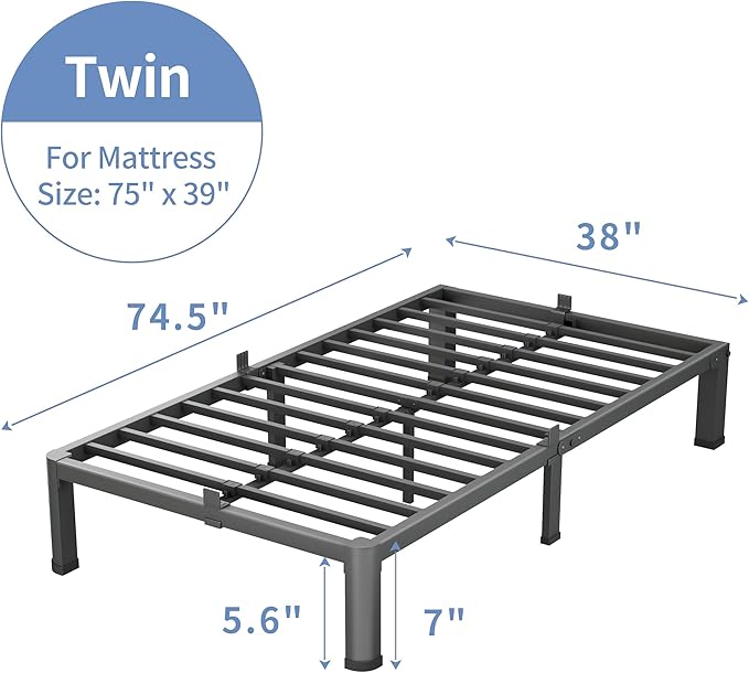 7 Inch Twin Size Bed Frame, 3500Lbs Heavy Duty Metal Platform with Round Corner Legs Mattress Slide Stopper, Steel Slat Support No Box Spring Needed, Noise Free, Non-Slip, Easy Assembly