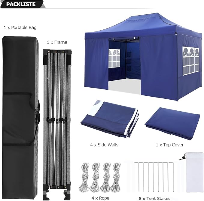 COBIZI 10x15 Pop Up Canopy with 4 Sidewall,Heavy Duty Canopy UPF 50+ All Season Wind Waterproof Commercial Outdoor Wedding Party Tents for Parties Gazebo with Carry Bag (10 x 15 ft Dark Blue)