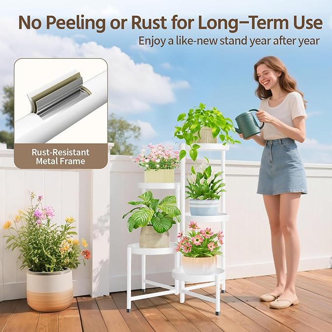 LASZOLA 5 Tiered Folding Plant Stand Indoor for Multiple Large Planter, Tall Heavy Duty Adjustable Rack with Rust Proof 10 Inch Wide Tray, Sturdy Vertical Tree Organizer for Narrow Inside Floor, White