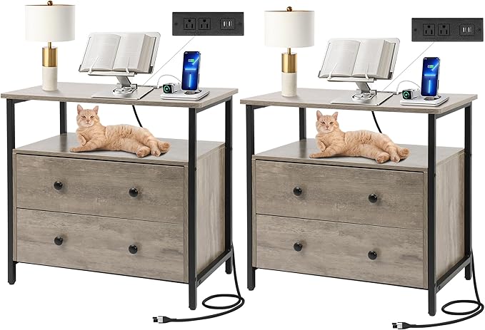27 inch Wide Nightstand with Charging Station, Bedside Table with Open Shelf, 2 Drawers Small Wood Dresser, End Side Table for Bedroom (2 Pack,Rustic Gray)