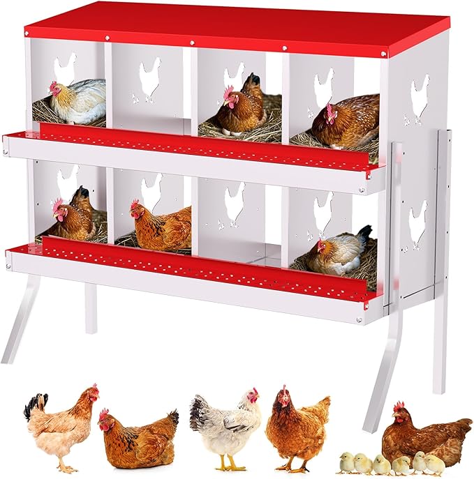 8-Compartment Metal Chicken Nesting Box - with Perch, Secure Lid & Metal Legs, Wall-Mount or Free-Standing Nesting Boxes for Hens