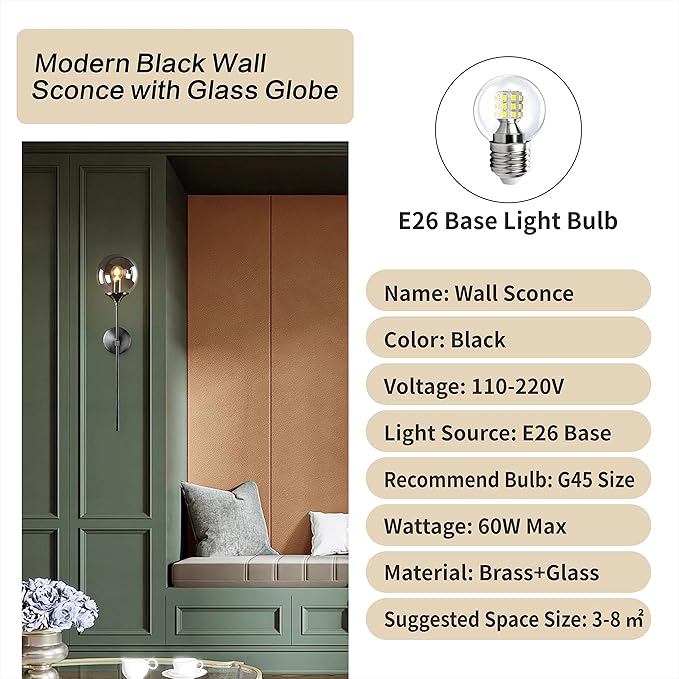 KCO Lighting Modern Smoke Grey Glass Globe Wall Sconce Black Matte Slim Wall