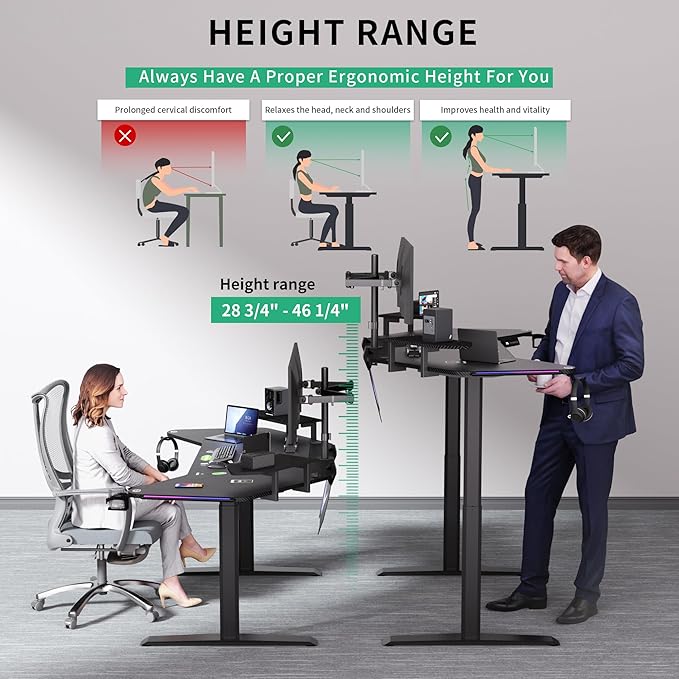 JWX Dual Motor Standing Gaming Desk with Aluminum Alloy Led Lights, 72'' Wing Shaped Large Gaming Studio Music Desk with Slot Design Shelves, for Streamer, Social Media Influencer & Music Recording