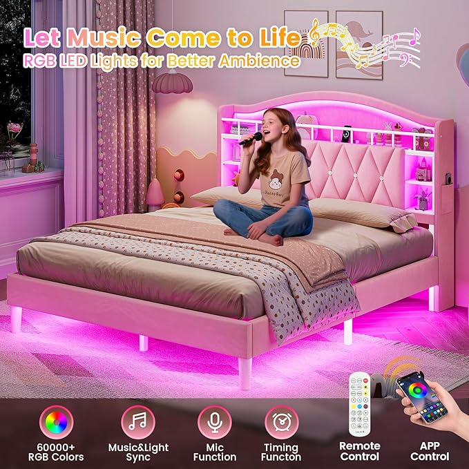 ADORNEVE Queen Bed Frame with LED Lights, Princess Velvet Upholstered Platform Bed for Girls, Headboard with Charging Station & Guardrail & Crystal Button, No Box Spring Needed, Pink