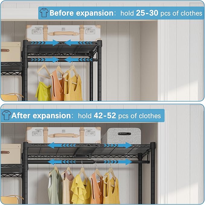 VIPEK X1 Expandable Clothes Rack Heavy Duty Adjustable from 2' to 3'5" with Adjustable Shelves and Hanger Rods, Reach-in & Walk-in Closets Metal Garment Racks Portable Closet, Black
