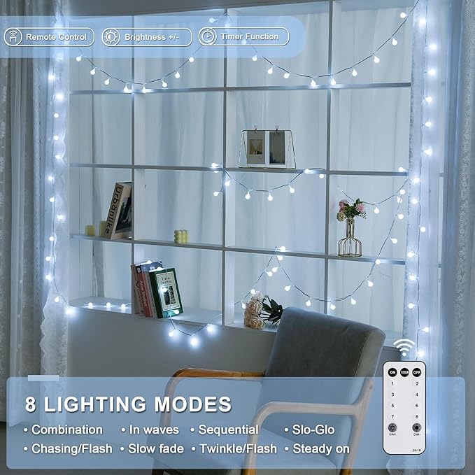 JMEXSUSS 100 LED White String Lights Indoor, Connectable Globe String Lights