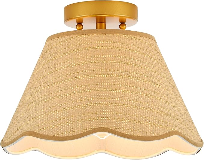 13” Boho Semi Flush Mount Ceiling Light Hand Woven Rattan Mini Chandelier