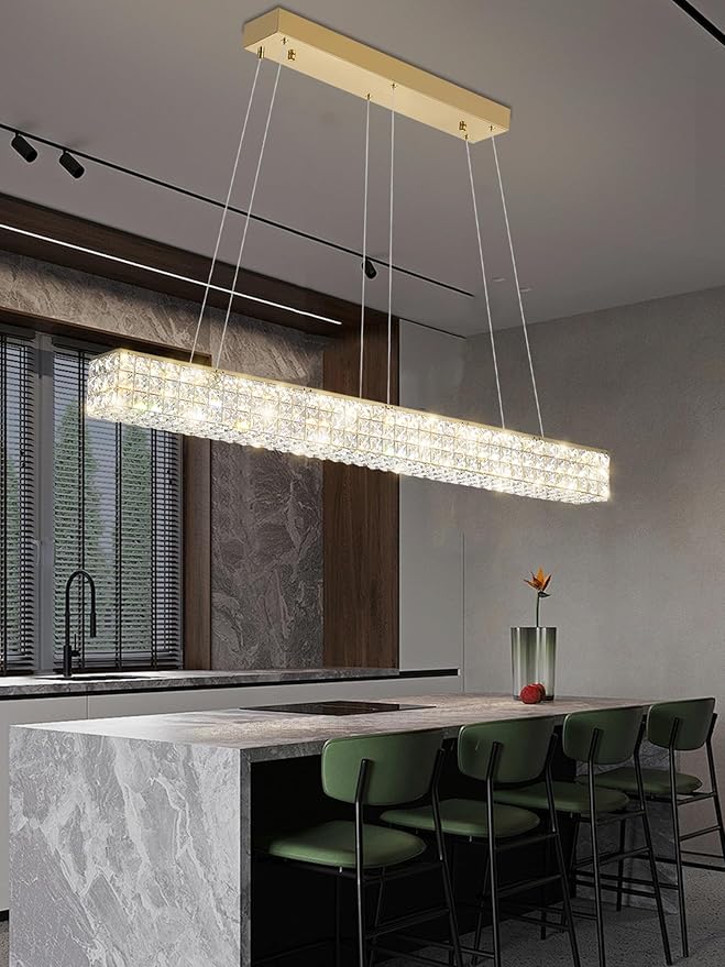W48 Rectangular Gold Crystal Chandelier Modern Rectangle Pendant Ceiling Light