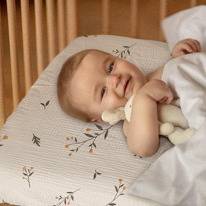 Gllquen Baby Muslin Mini Crib Sheets 3 Pack, Breathable Pack and Play Sheets Fitted 38"x26" Soft Cozy Cotton Pack N Play Sheets for Baby Boy Girls, Universal Fitted Mini Crib Mattresses (Green)