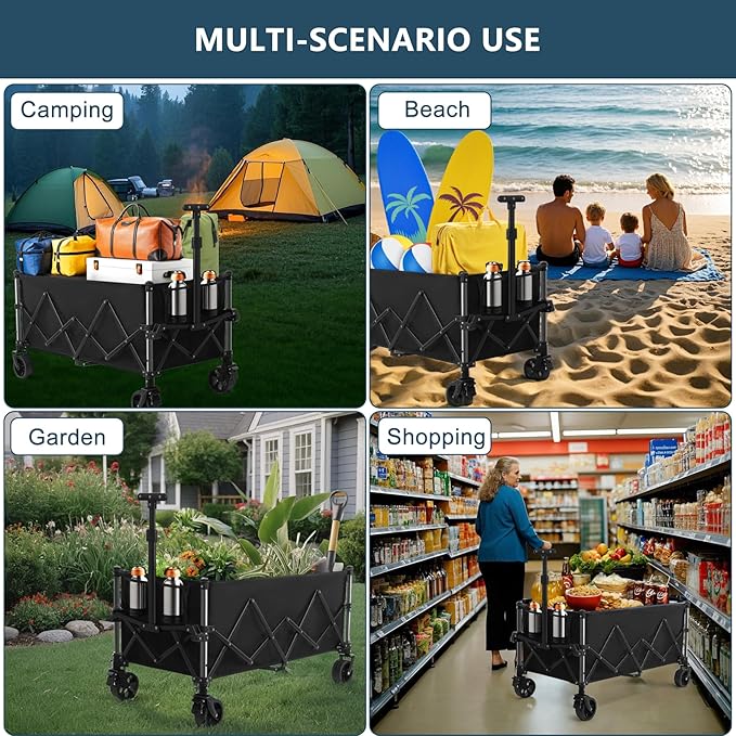 Favoyard Extra Large Collapsible Wagon Carts Foldable 220L & 360LBS Portable Folding Wagons with All-Terrain Wheels & Brakes Heavy Duty Outdoor Utility Carts for Grocery Camping Shopping Sports Garden