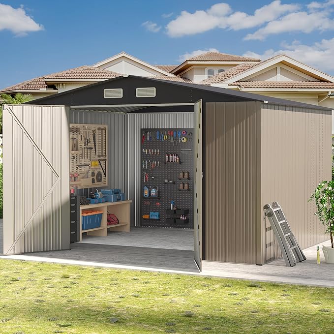 8×10 FT Metal Shed Outdoor with Peaked Roof, Weather Resistant Outdoor Storage Shed with Lockable Double Doors for Backyard, Patio Lawn, Garden