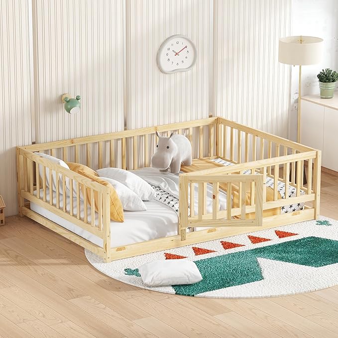Full Size Floor Bed Frame with Door and Slats,Montessori Floor Bed with Safety Guardrails for Girls Boys,Solid Wood Kids Montessori Bed Full Size,Natural