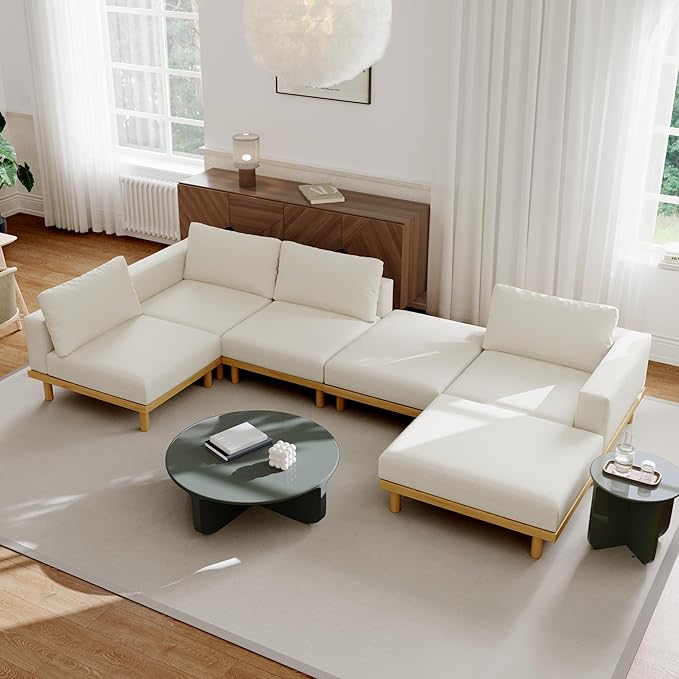 Acanva Minimalist Modular Sectional Sofa for Living Room, Wide & Deep Seat Convertible Furniture Set with Metal Frame and Movable Covers, U-Shaped Couch, Off White