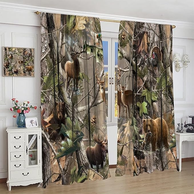 Retro Forest Window Curtains, Camouflage Hunting Tree Camo Rustic Deer Elk Bird Bear Blackout Rod Pocket Windows Door Curtain for Bedroom Living Room Home Decor 42x54in