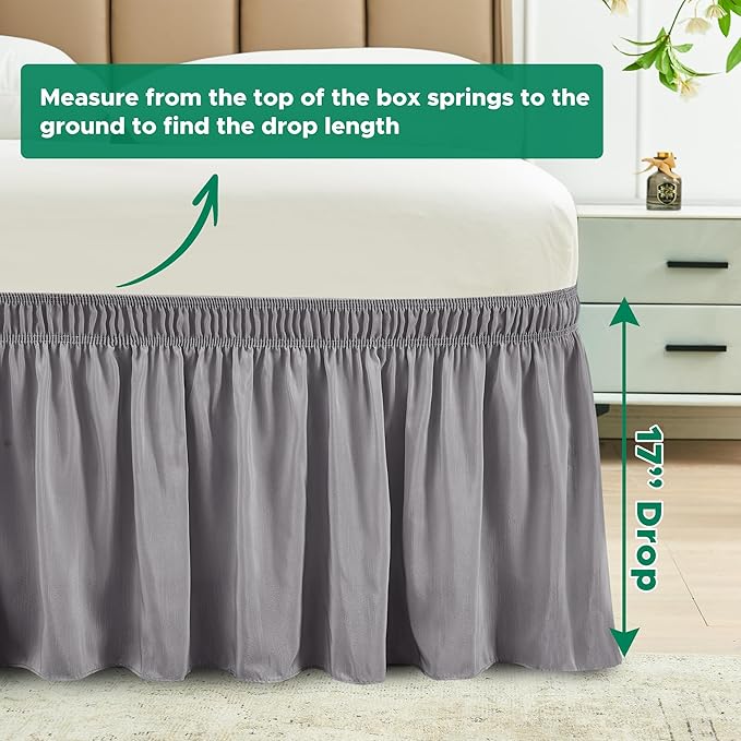 Biscaynebay Wrap Around Bed Skirts for Queen Beds 17" Drop, Silver Grey Elastic Dust Ruffles Easy Fit Wrinkle & Fade Resistant Silky Luxurious Fabric Solid Machine Washable