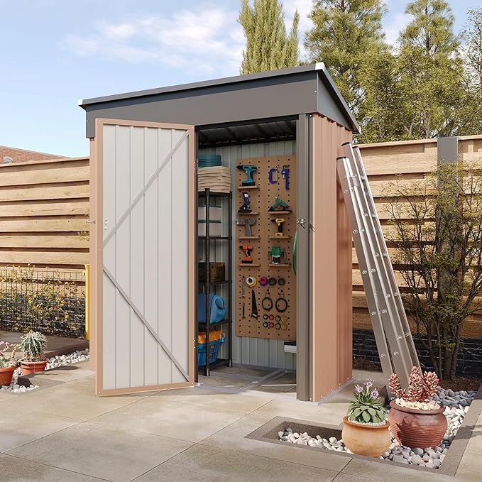 Aoxun 5'x3' Outdoor Metal Storage Shed with Lockable Door- Ideal for Tools, Garden Equipment & Bikes, Perfect for Patio Placement(Brown)