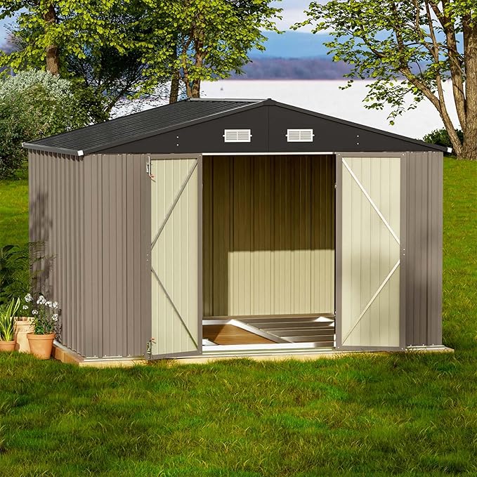 Patiowell 10 x 8 FT Outdoor Storage Shed with Floor Frame, Large Garden Tool Metal Shed with Sloping Roof and Double Lockable Door for Backyard Garden Patio Lawn,Brown