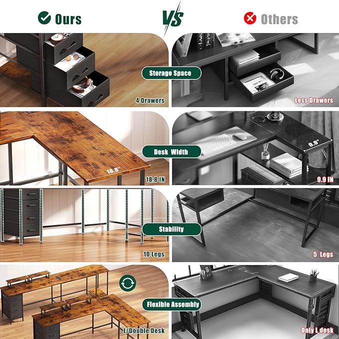 59 inch L Shaped Computer Desk with Power Outlets, Home Office Desk with 4 Adjustable Storage Drawers & 2 Monitor Stands, Two Person Gaming Table for Bedroom, Rustic Brown