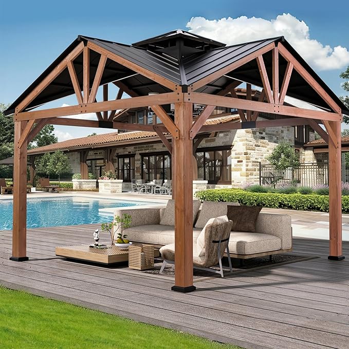 Modern Shade Cedar Wood Gazebo 12’ x 12’, Heavy Duty Hardtop Gazebo with Steel Roof, Water Resistant, Wind Resistant, Solid Wood Framed Pavilion, Perfect for Your Permanent Outdoor Pavilion