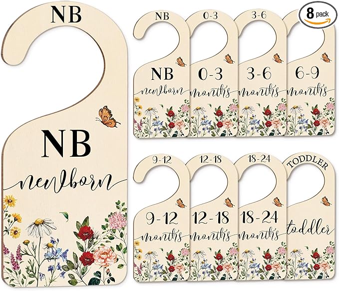 Whaline 8Pcs Vintage Wildflower Hanging Wood Baby Closet Size Dividers and Organizer - Newborn to 24 Months - Thicken Wardrobe Organizer for Home Nursery