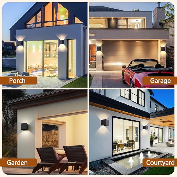 2 Pack LED Outdoor Wall Light Exterior/Interior, Modern Black Square Aluminum