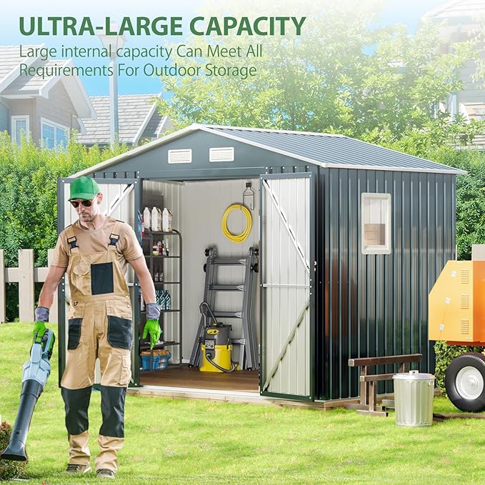 Breezz 6x8FT Outdoor Steel Storage Shed with Frame Floor,Clear Window, Lockable Doors, Weather-Resistant Metal Tool Shed for Garden, Backyard, Patio, and Utility Storage