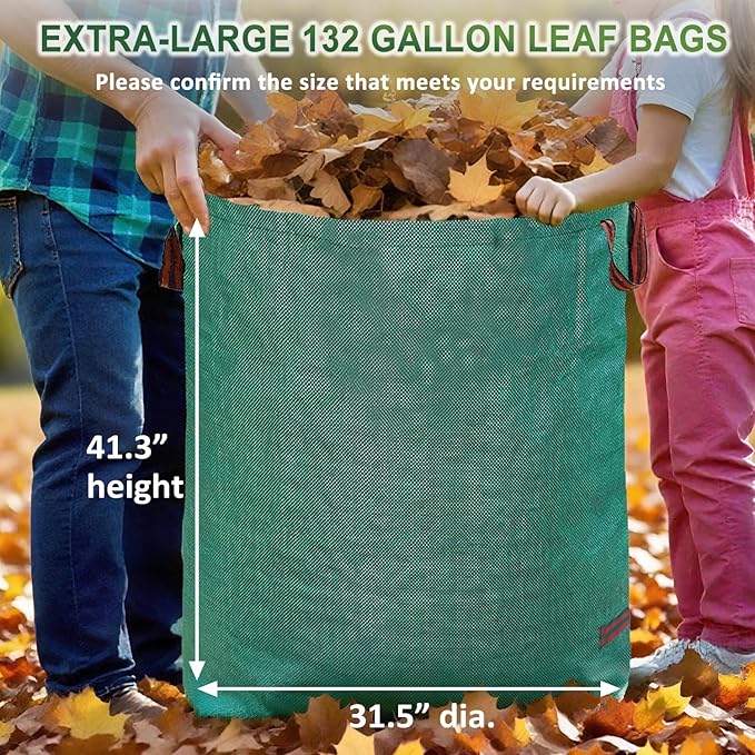 Hugeleaf 3 Pack Reusable Yard Waste Bags, 132 Gallon Extra Large Heavy Duty Lawn and Leaf Bags with Reinforced Handles, Standable Yard Bags for Lawn Leaves and Waste Collection