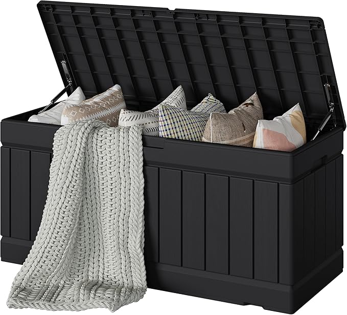 Devoko 78 Gallon Deck Box, Waterproof Resin Outdoor Storage Box for Outside and Patio, Outdoor Storage Bench Lockable for Patio Furniture, Garden Tools and Pool Supplies (Black, 78 Gallon)