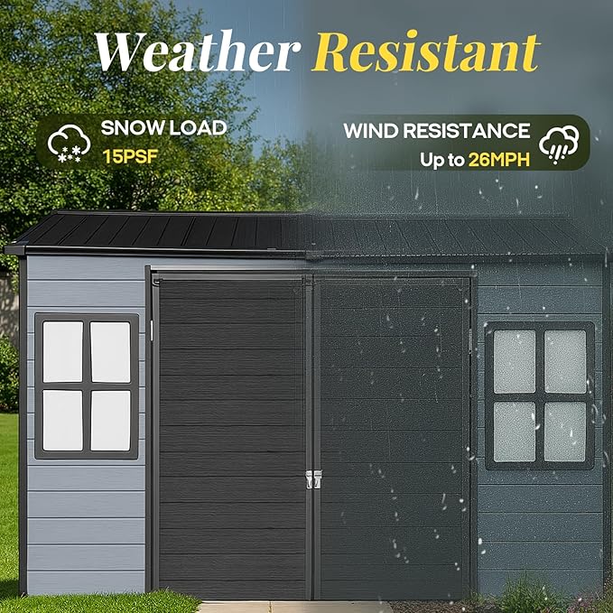 8x6ft Resin Outdoor Storage Shed with Floor and 2 Windows, Plastic Sheds & Outdoor Storage Clearance for Patio Furniture, GardenTools, Bike Accessories and Lawn Mower, Black+Grey