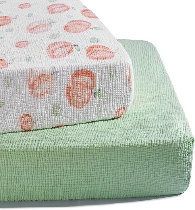TILLYOU Muslin Crib Sheets for Boys and Girls 2 Pack, Neutral Soft Cotton Baby Crib Mattress Protector, for 52x 28 Toddler Bed, Peach dot & Light Green