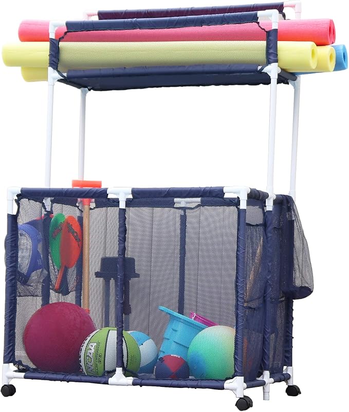 Essentially Yours Pool Storage Equipment Organizer Holder - Noodles, Toys, Balls, Floats Mesh Rolling Double Decker Bin, Large with Noodle Holder, (35.3" W x 23" L x 59.4" H), Blue/White Style 561935