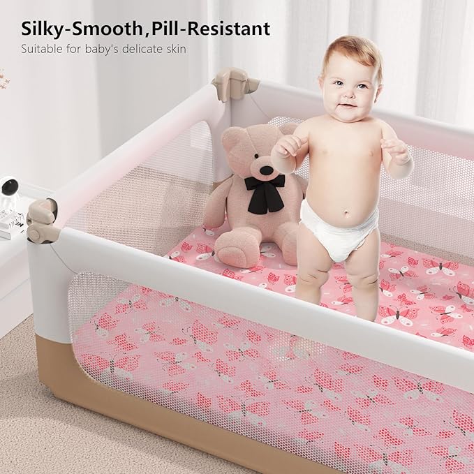 Pack N Play Sheets Fitted, 2-Pack Fit for Standard Pack N Play Mattress, Mini Crib Sheets,Breathable Soft Unisex Playard Sheets (Daisy & Black Butterfly)