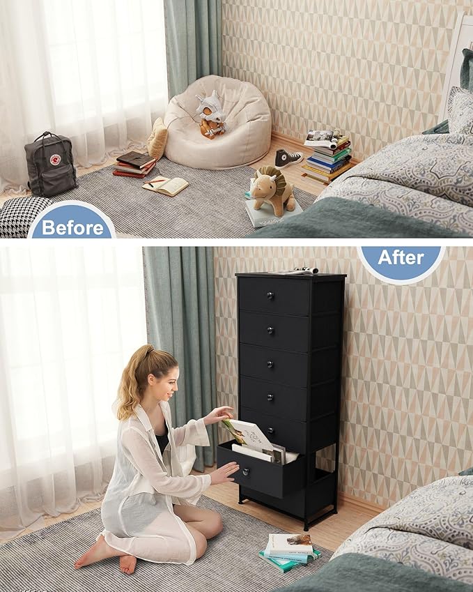 Crestlive Products Tall Dresser, 7-Drawer Fabric Storage Tower, Chests of Drawers - Vertical Organizer Unit for Bedroom, Hallway, Entryway, Nursery, Closets - Steel Frame, Wood Top & Handles (Black)