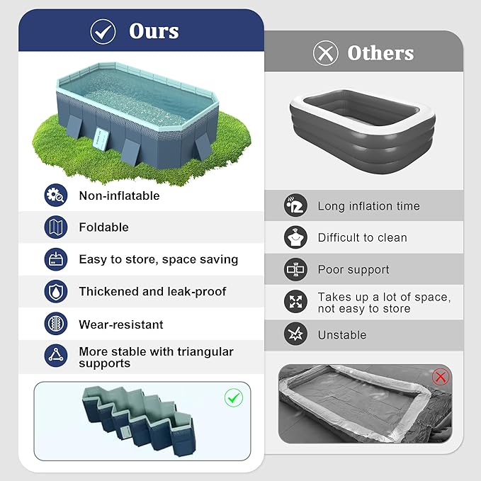 Foldable Pool, Non-Inflatable Swimming Pool for Kids, Adults and Pets, Hard Plastic Shell, Portable Above Ground for Outdoor, Garden, Kid Pool for Backyard (113'' x 66'' x 20'')