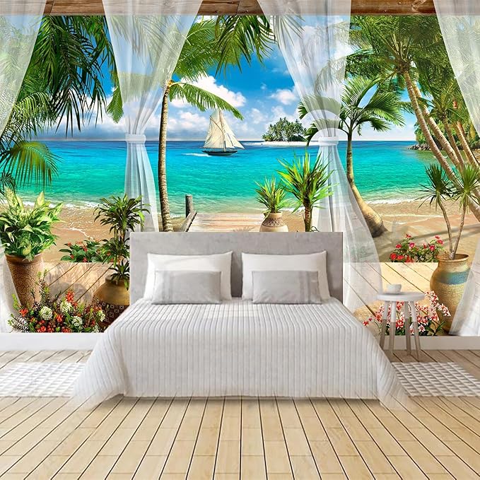 WFBHUA-Wall Mural Tropical Beach Palm Tree Wallpaper Balcony Window Seascape Landscape Wallpaper for Bathroom Living Room Bedroom (Not Peel and Stick)