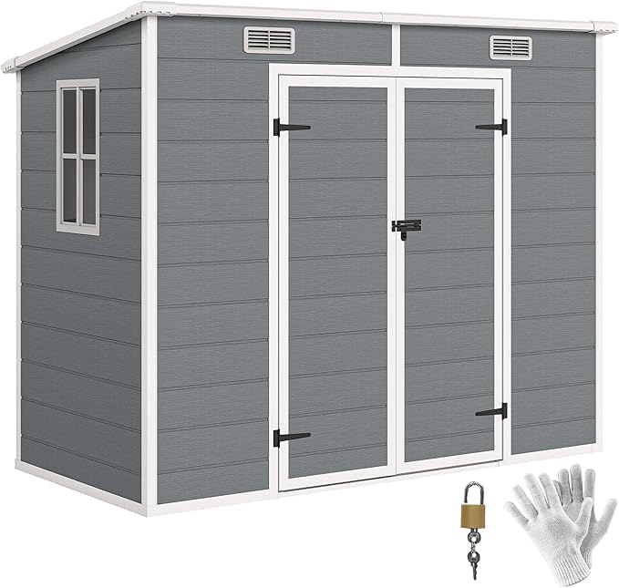 Outsunny 8' x 4' Outdoor Storage Shed, Resin Plastic Shed with Floor, Window, Lockable Doors and Vents, All-Weather Tool Shed for Backyard, Patio, Lawn, Gray