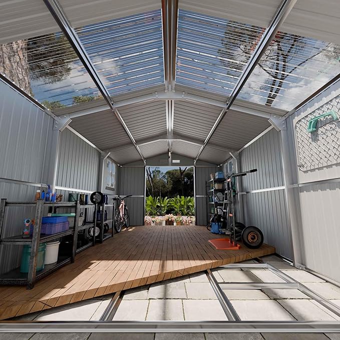 Large Metal Shed 10x16 FT with Floor Fame Kit, with Customizable Skylight and Reinforced Steel Frame, Heavy-Duty Galvanized Steel Big Garden Sheds with Base, Lockable Doors,4 Pane Windows,