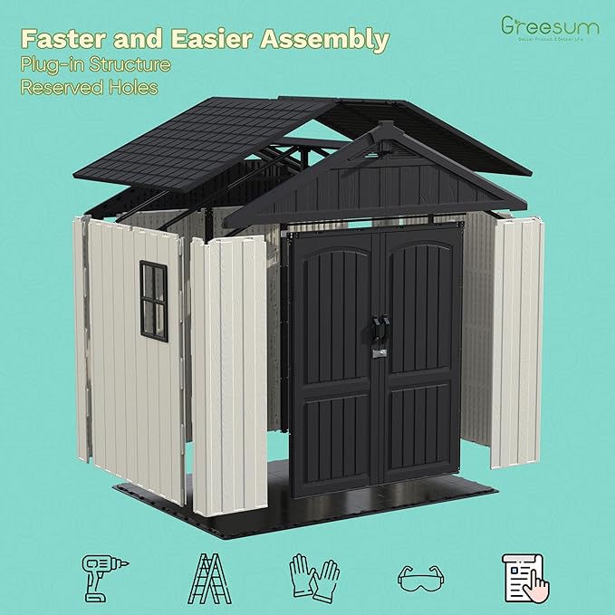Greesum 8×8 FT Plastic Outdoor Storage Shed with Floor, Resin Sheds with Window and Lockable Door, Weather Resistant Organization for Garden, Lawn, Pool Supplies, Beige