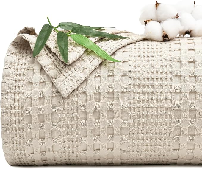 PHF Cooling Waffle Blanket California King Size, Lightweight 60% Rayon Derived from Bamboo & 40% Cotton Breathable Blanket for Hot Sleepers, Soft and Luxury for Bed Couch and Sofa, 110"x96", Linen