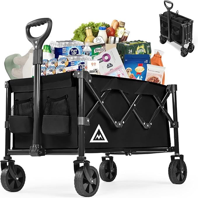 Wagon Cart Shopping Foldable Folding Collapsible with Wheels Big On Beach Garden Outdoor Grocery Heavy Duty Utility All Terrain Portable Wagons Carts for Groceries Sand Camping Sports Black