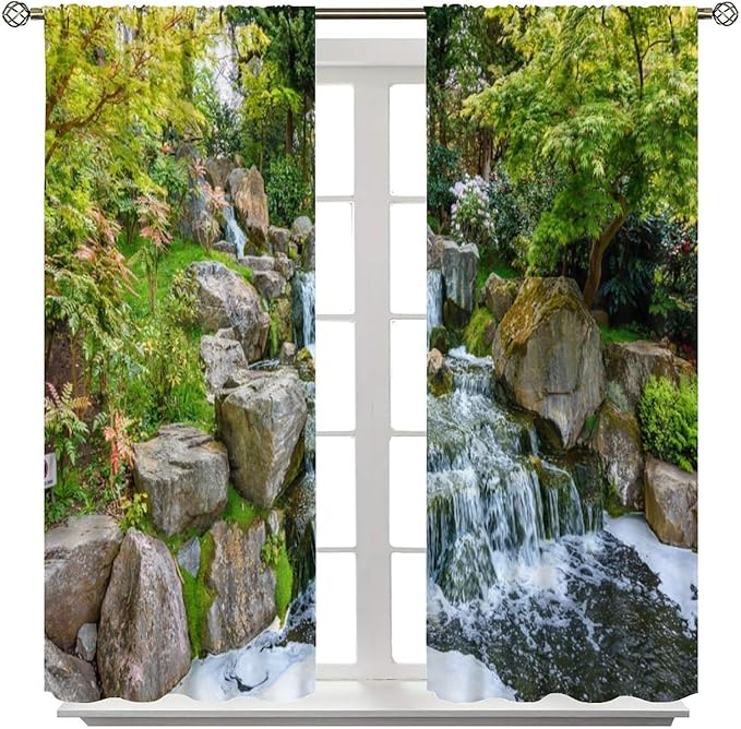 Forest Waterfall Blackout Curtains, Natural Landscape Forest Trees Waterfall Scenery PrintWindow Drapes, for Living Room Bedroom 63" W X 72" L