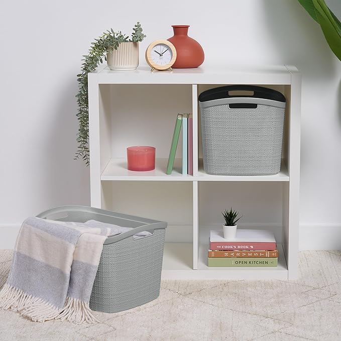Curver Set of 2 XL 30.5 L Jute Decorative Plastic Organization and Storage Baskets - Perfect Bins for Home Office, Closet Shelves, Kitchen Pantry and All Bedroom Essentials, Grey