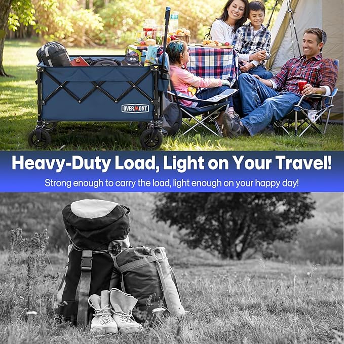 Overmont Ultra-Compact Collapsible Wagon Cart - 200L Portable Folding Wagon with All-Terrain Wheels Utility for Beach, Grocery Shopping, Camping, and Gardening – 330lbs Load Capacity Blue