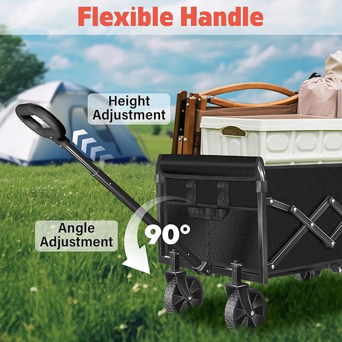 Wagons Carts Foldable,360 lbs Collapsible Wagon with Wheels Foldable Wagon Cart with Flexible Handle,Lightweight Portable Folding Cart for Camping Beach Picinic Grocery Outdoor Sports Shopping(Black)