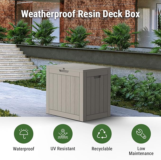 Mars Villa 31 Gallon Outdoor Storage Box, Waterproof Deck Box, Outside Storage Bin for Patio Furniture Cushions, Pool Supplies, Garden Tools, Weatherproof, Grey