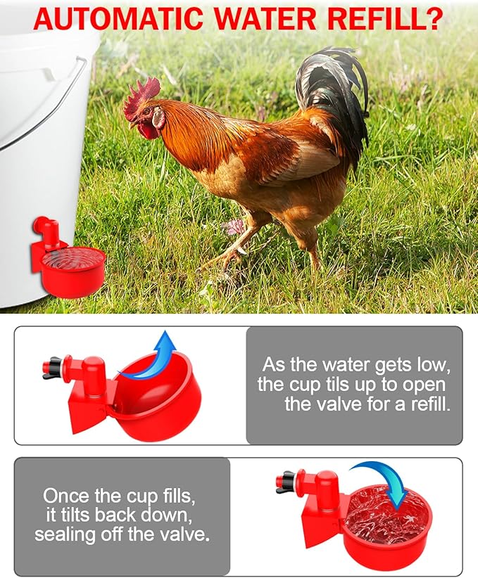 Professional Chicken Waterer Cups, 30 Packs Large Automatic Poultry Water Feeder with Tee Fittings - Leakproof Design for Ducks, Chickens, Geese, Turkeys, Birds - Includes Mounting Hole Opener Tool