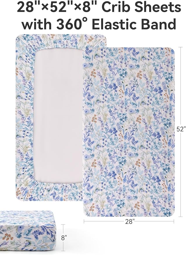 TILLYOU 2 Pack Muslin Crib Sheets for Boys and Girls, 100% Cotton Fitted Crib Sheet for Toddler 52"x28" Standard Crib Mattress, Blue Flower